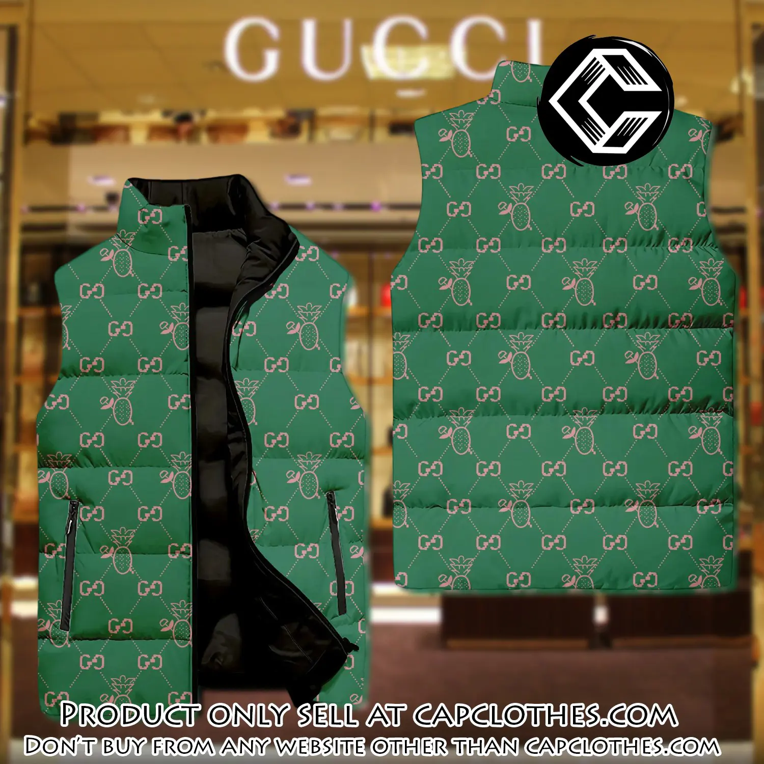 Gucci green pattern luxury brand 3d sleeveless down jacket cc0616724
